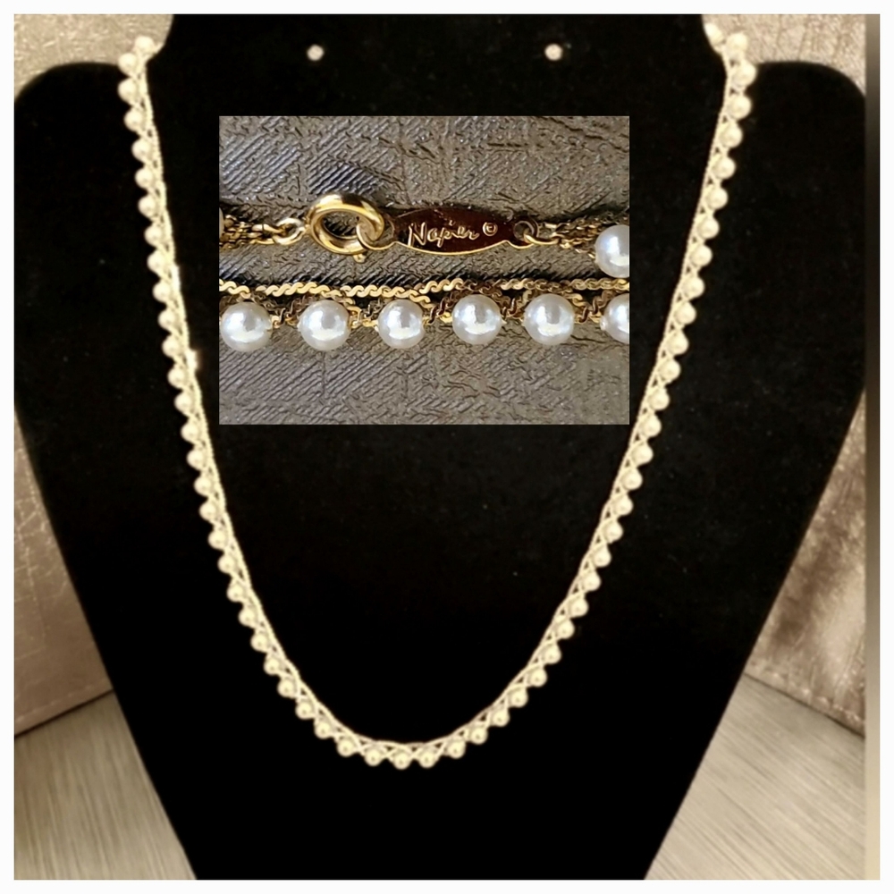 🗝Vtg Napier Braided Gold Tone and Pearl Necklace